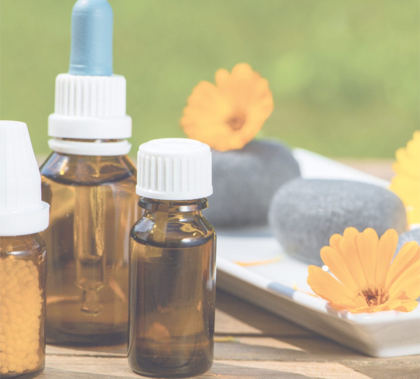 Ganzheitliche individuelle Diagnostik und Therapie Braune Flaschen mit Pipetten, Steine und gelbe Blüten auf einem hellen Tisch.