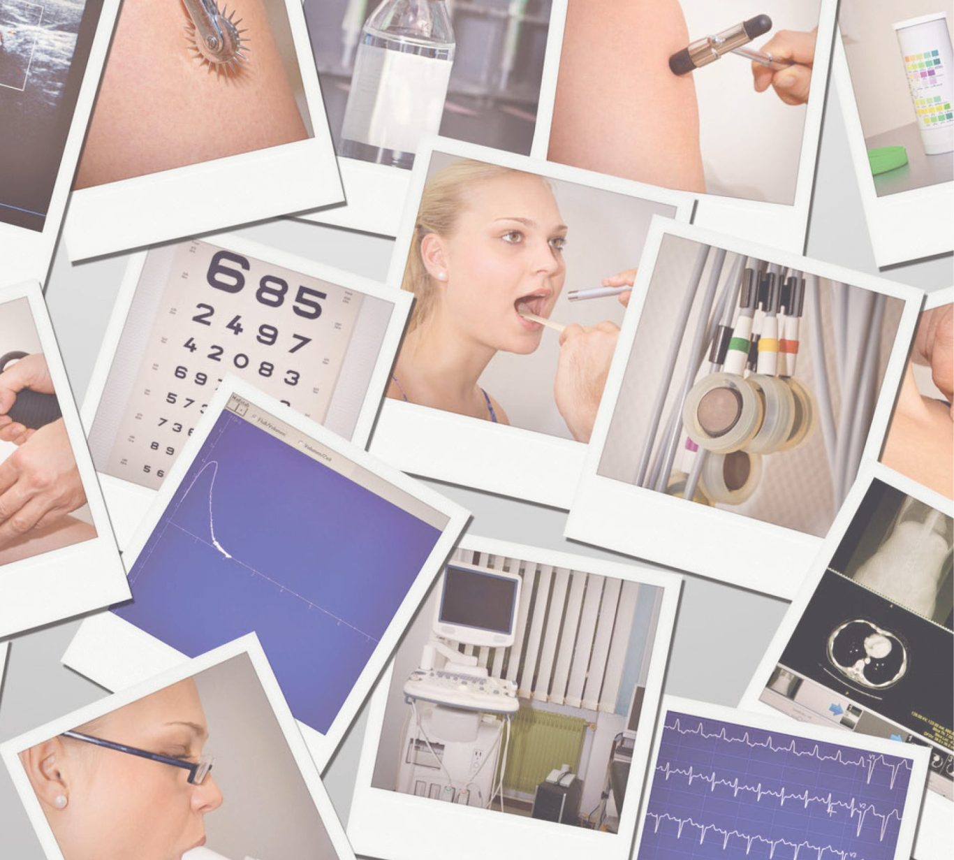 Ganzheitliche individuelle Diagnostik und Therapie Collage aus verschiedenen Bildern von medizinischen Geräten und Anwendungen.